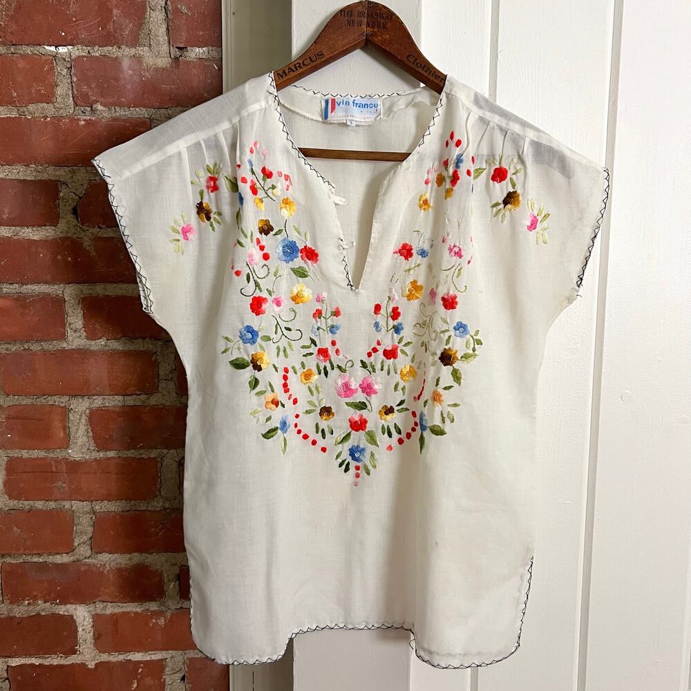 Vintage Via France Embroidered Linen Blouse Floral Folk Cottagecore Top 8
